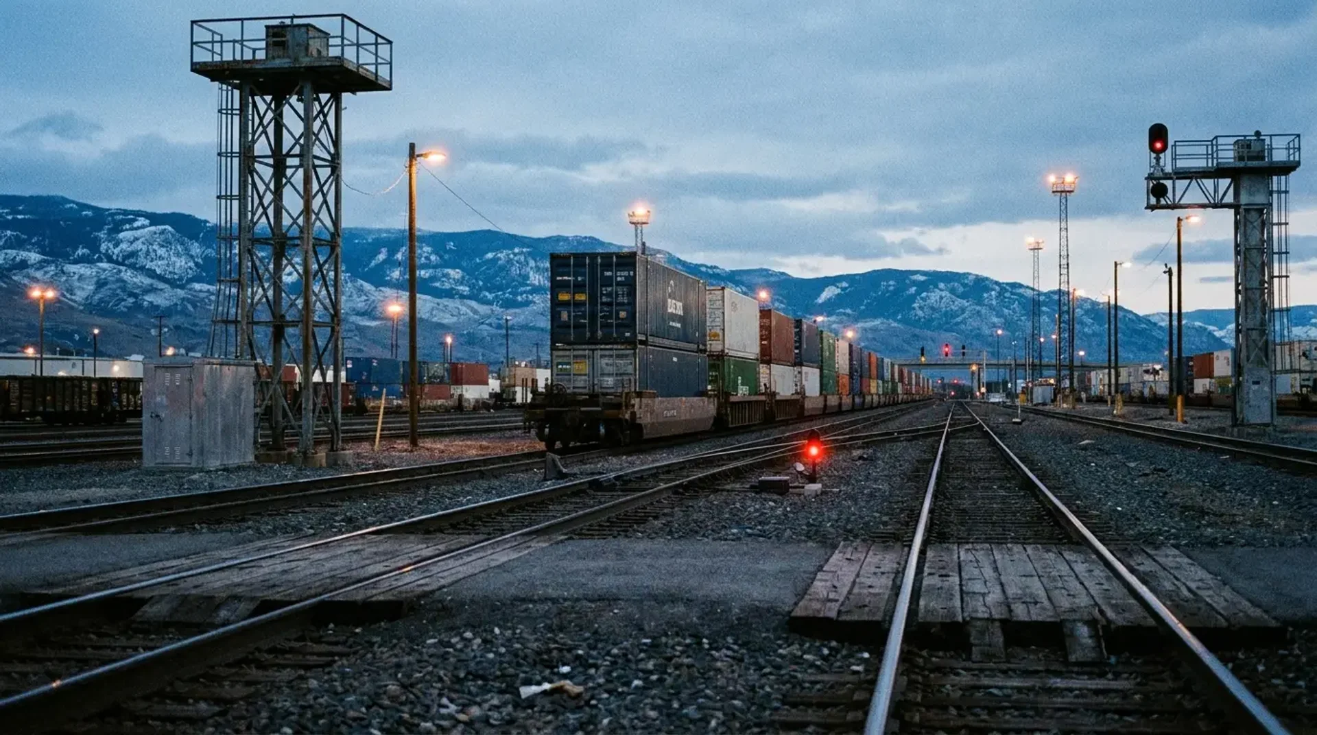 Intermodal freight train in a mountain rail yard
